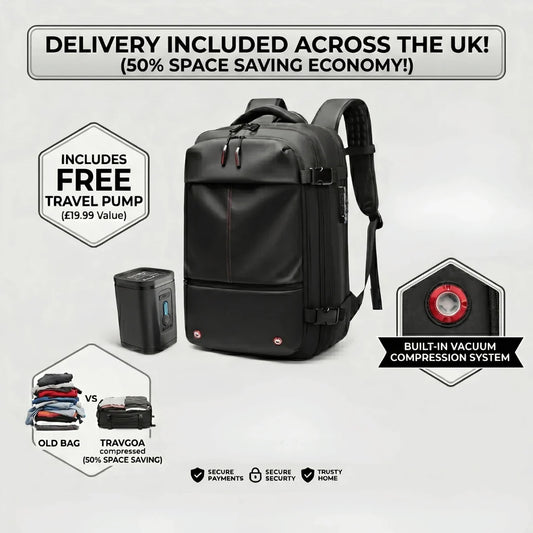 Travgoa vacuum compression cabin backpack packed for a hand luggage only trip