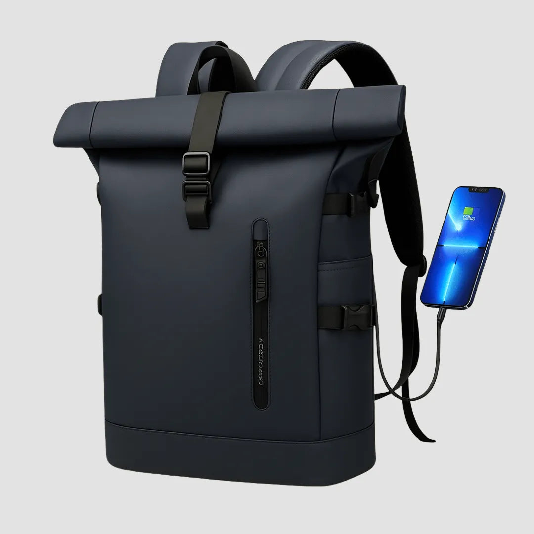 Travgoa 15.6” backpack showing USB charging port detail